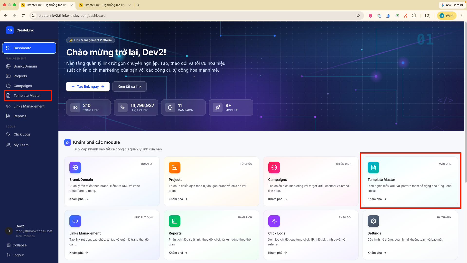 Giao diện Dashboard Template Master