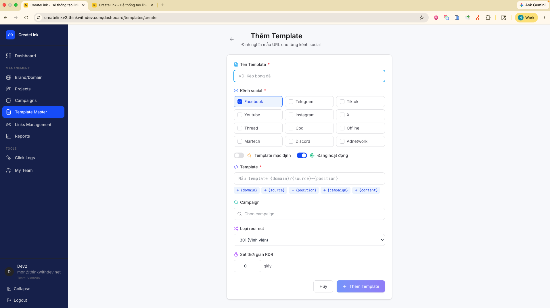 Giao diện Thêm Template Mới