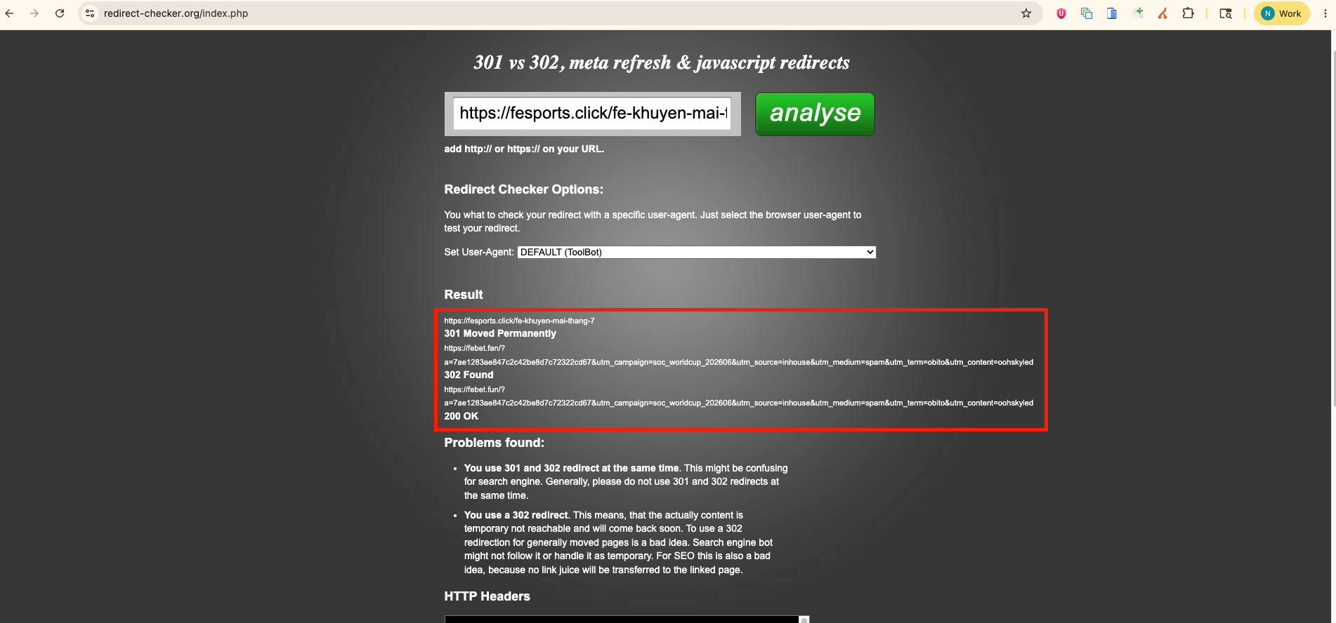 Redirect checker mặc định User-Agent