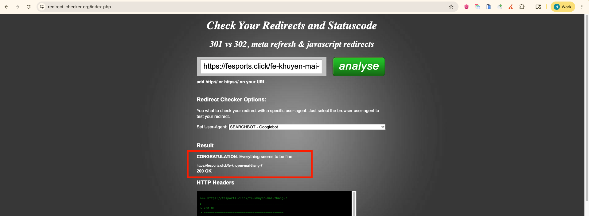 Redirect checker với Googlebot User-Agent